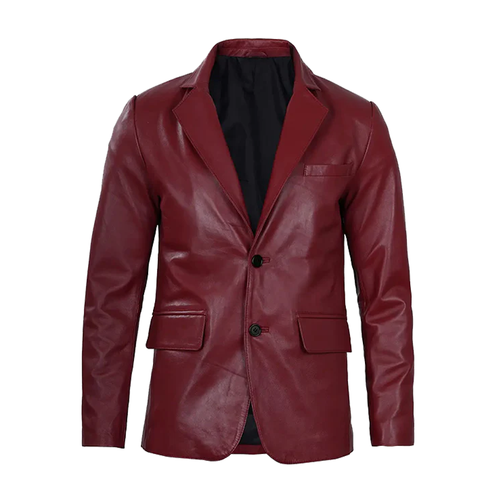 Notched Lapel Two-Button Burgundy Leather Blazer