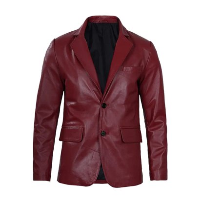 Notched Lapel Two-Button Burgundy Leather Blazer