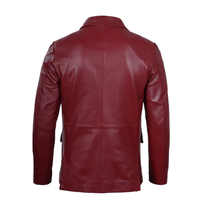 Notched Lapel Two-Button Burgundy Leather Blazer