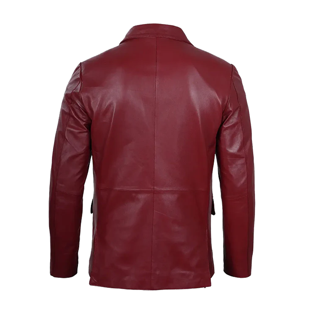 Classic Two-Button Notched Lapel Ruby Red Leather Blazer