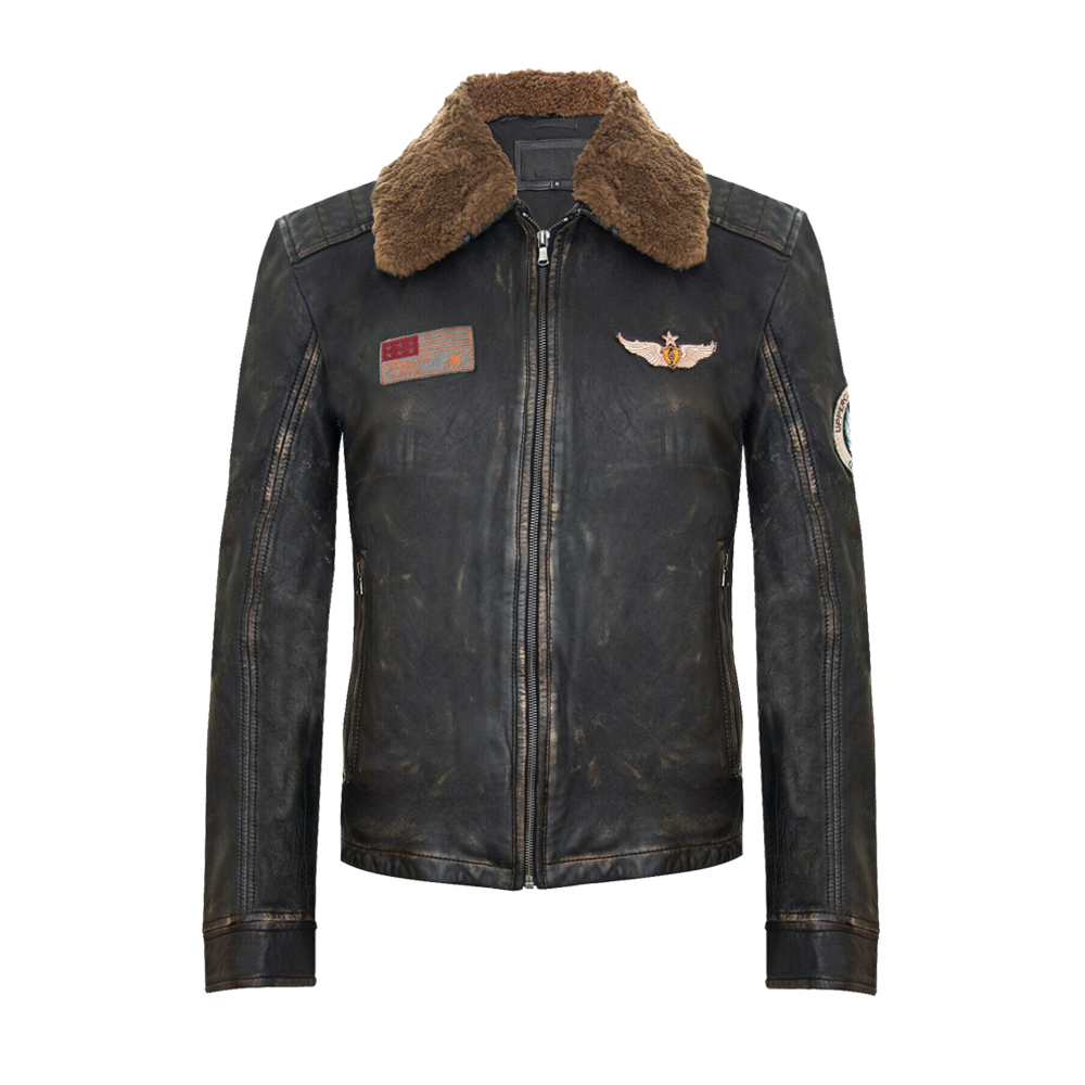 Vintage Style Patched Leather Aviator Jacket