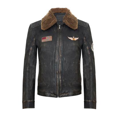 Vintage Style Patched Leather Aviator Jacket
