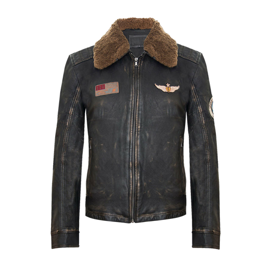 Vintage Style Patched Leather Aviator Jacket