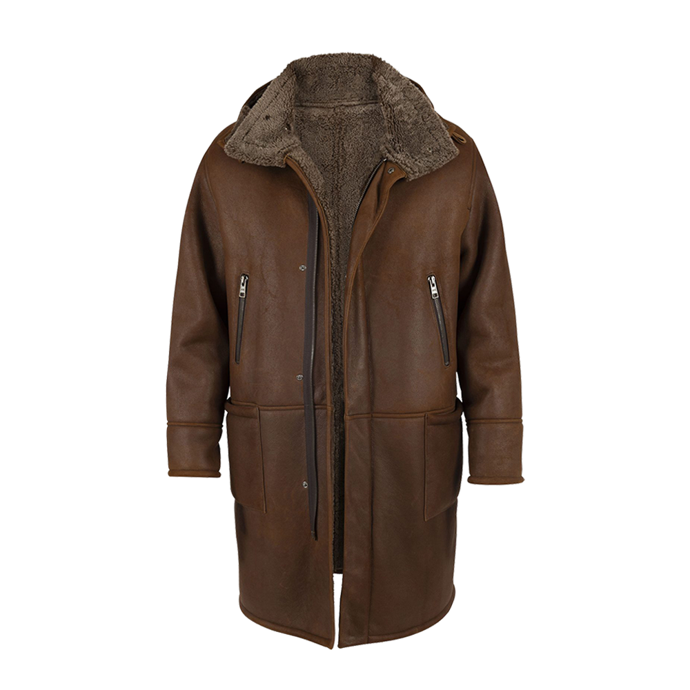 Matte Brown Leather Multi Pocket Hooded Shearling Parka