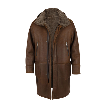 Matte Brown Leather Multi Pocket Hooded Shearling Parka