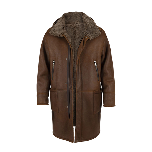 Matte Brown Leather Multi Pocket Hooded Shearling Parka