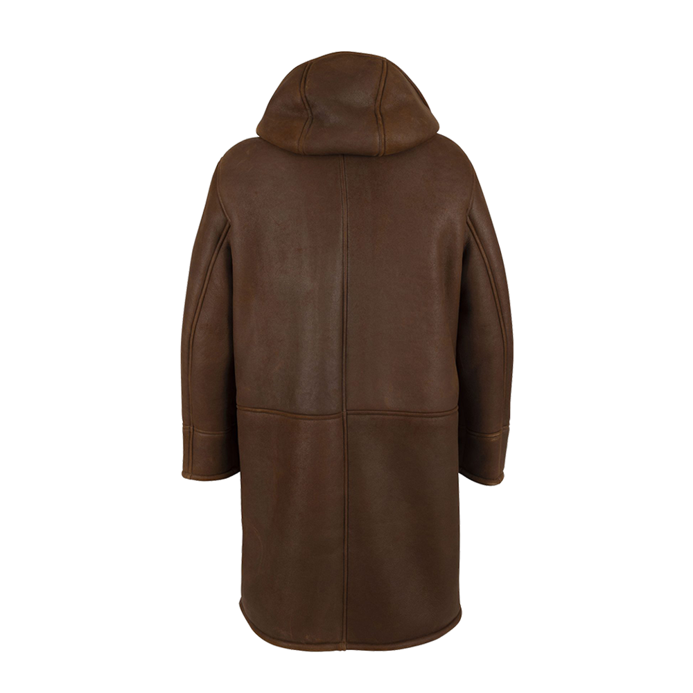 Matte Brown Leather Multi Pocket Hooded Shearling Parka