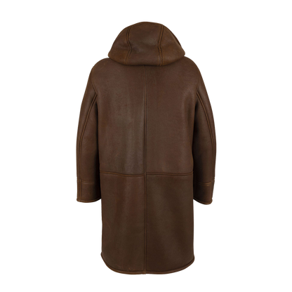 Matte Brown Leather Multi Pocket Hooded Shearling Parka