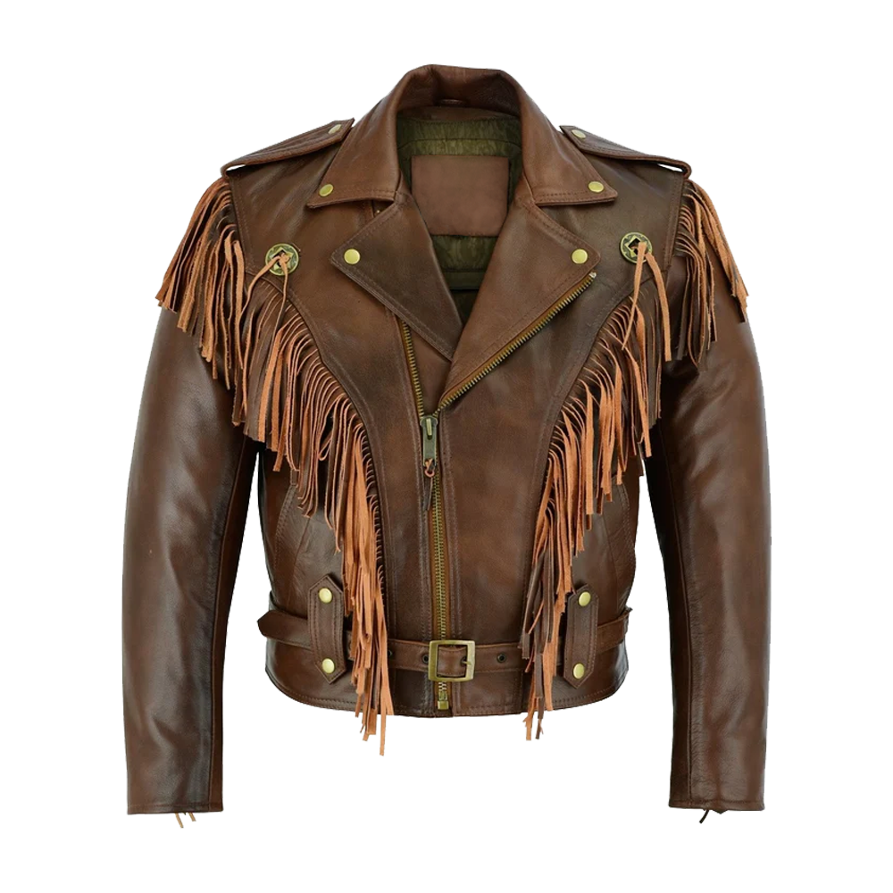 Brown Leather Biker with Fringe Detailing