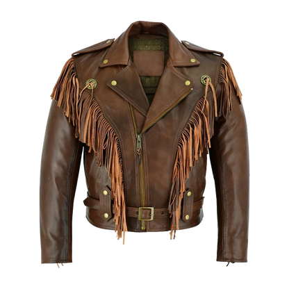 Brown Leather Biker with Fringe Detailing