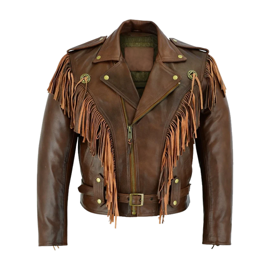 Brown Leather Biker with Fringe Detailing