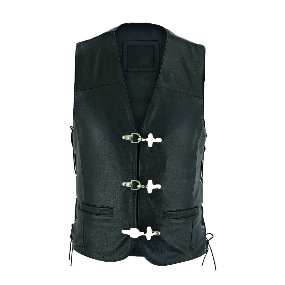 Black Laced Side Toggle Closure Leather Vest