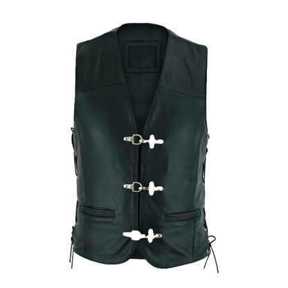 Black Laced Side Toggle Closure Leather Vest