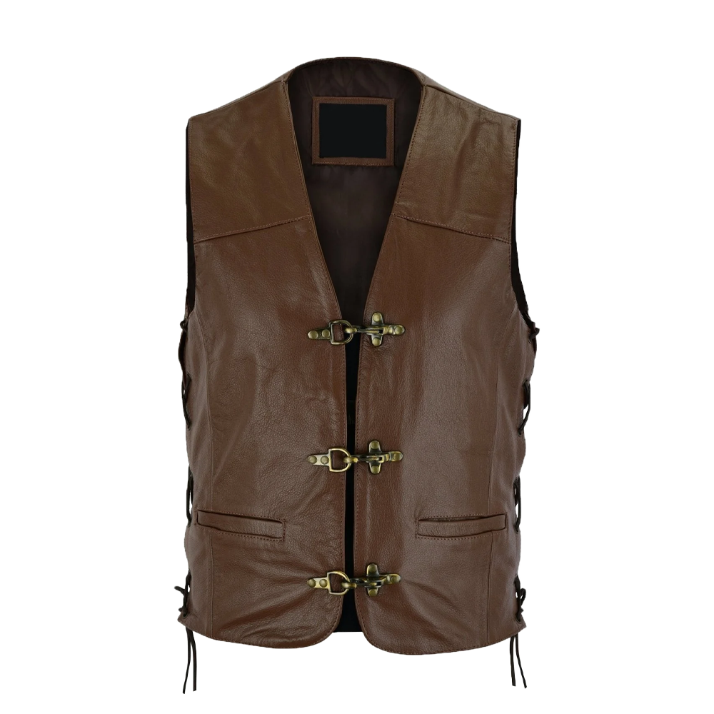 Brown Laced Side Toggle Closure Leather Vest
