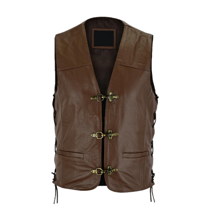 Brown Laced Side Toggle Closure Leather Vest