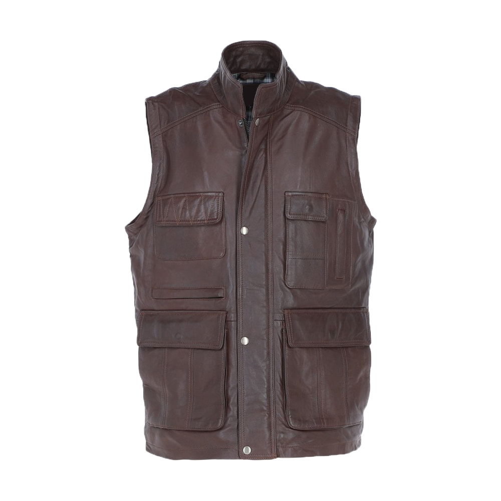 Premium Dark Brown Leather Utility Vest with Multiple Pockets