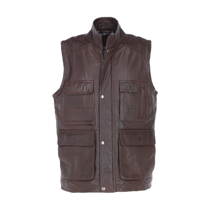 Premium Dark Brown Leather Utility Vest with Multiple Pockets