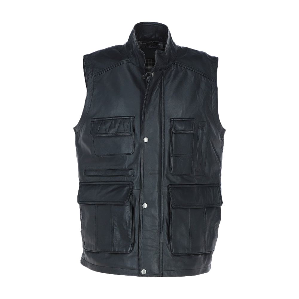 Premium Black Leather Utility Vest with Multiple Pockets