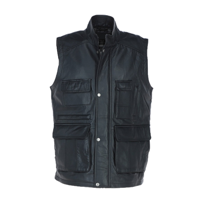Premium Black Leather Utility Vest with Multiple Pockets