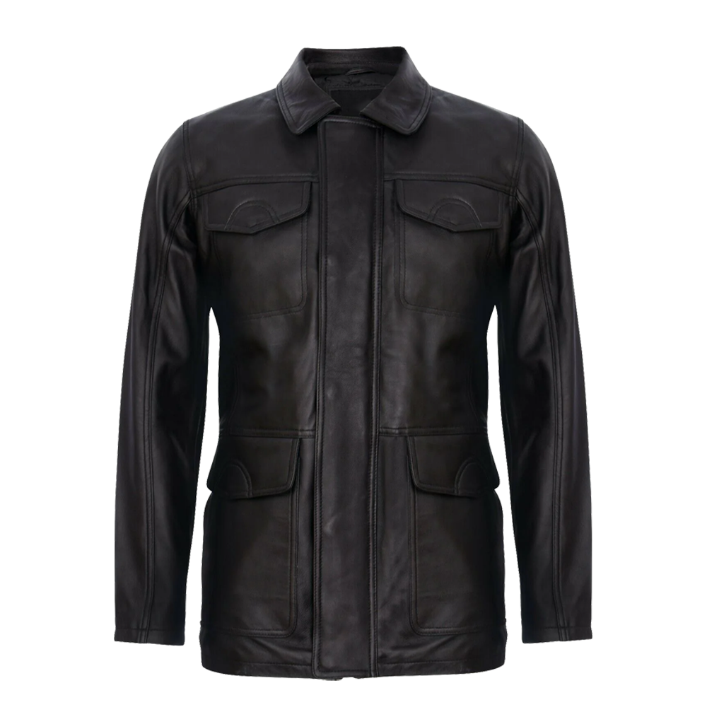 Classic Mid-Length Black Leather Safari Jacket