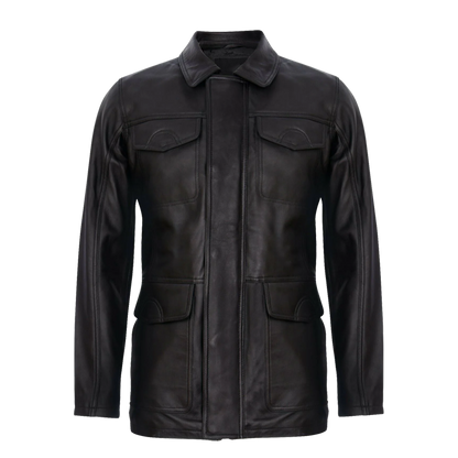Classic Mid-Length Black Leather Safari Jacket