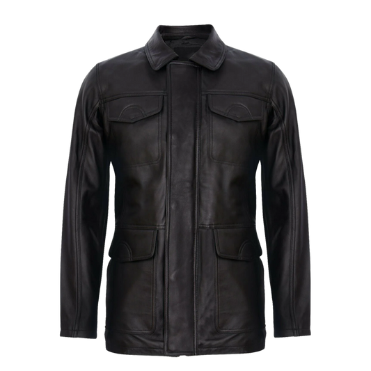 Classic Mid-Length Black Leather Safari Jacket