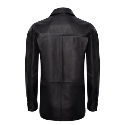 Classic Mid-Length Black Leather Safari Jacket