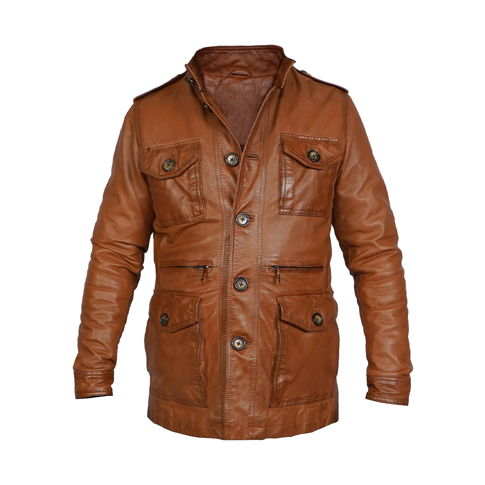 Premium Ginger Leather Stand Collar Explorer Jacket