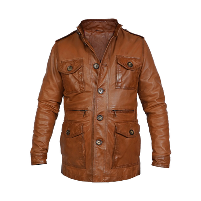 Premium Ginger Leather Stand Collar Explorer Jacket