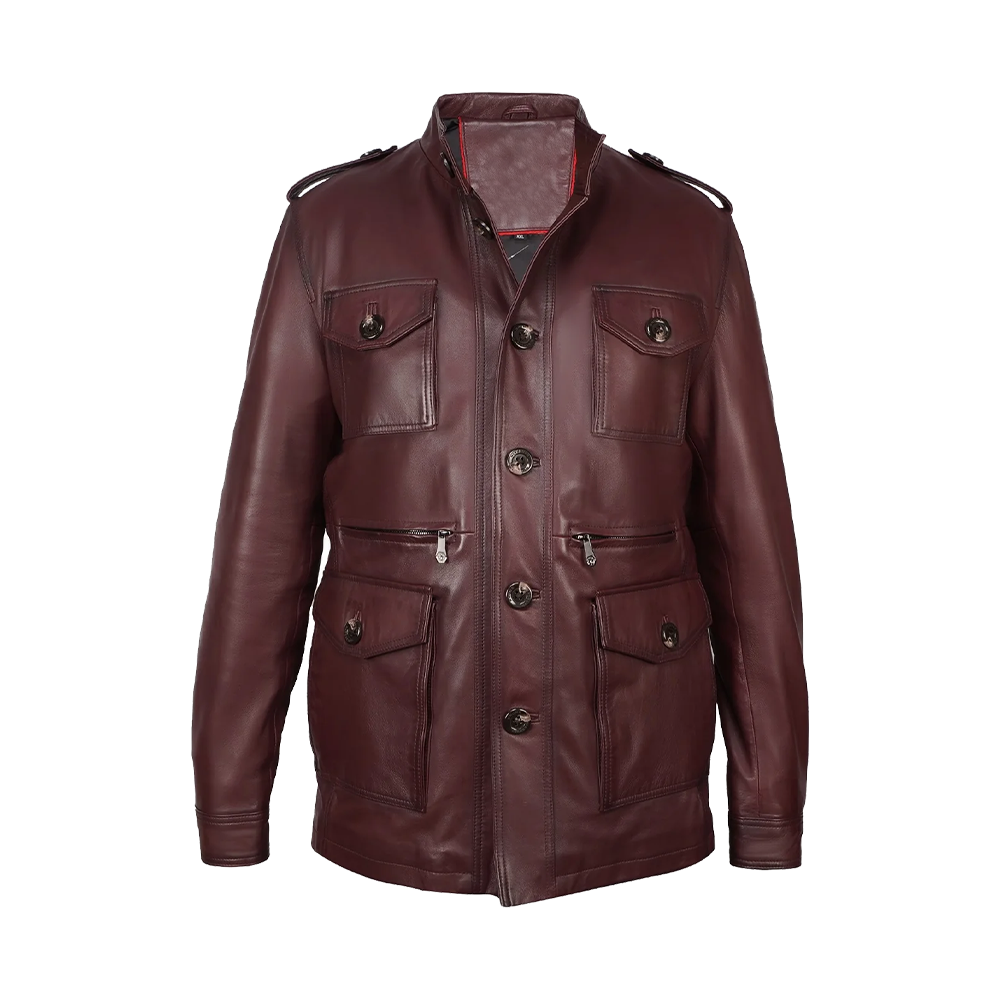 Premium Burgundy Leather Stand Collar Explorer Jacket