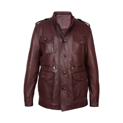 Premium Burgundy Leather Stand Collar Explorer Jacket