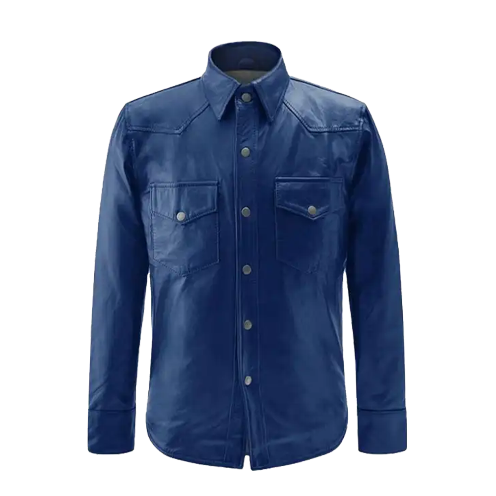 Navy Blue Snap Front Leather Overshirt
