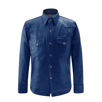 Navy Blue Snap Front Leather Overshirt
