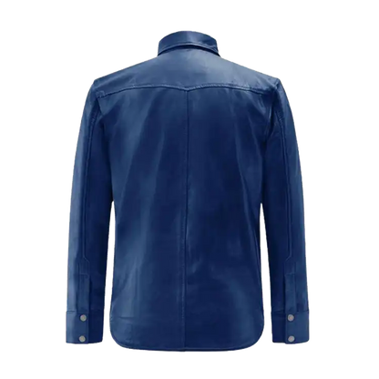 Navy Blue Snap Front Leather Overshirt
