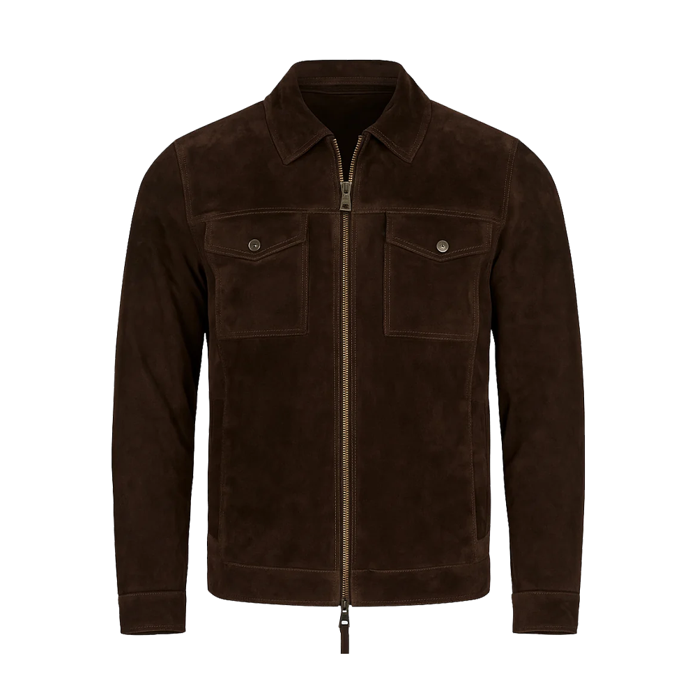 Dark Chocolate Suede Minimalist Flap Pocket Dual Zip Overshirt
