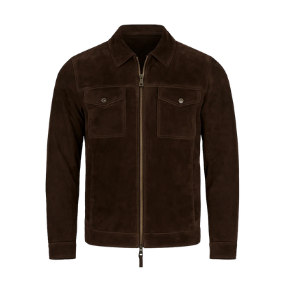 Dark Chocolate Suede Minimalist Flap Pocket Dual Zip Overshirt