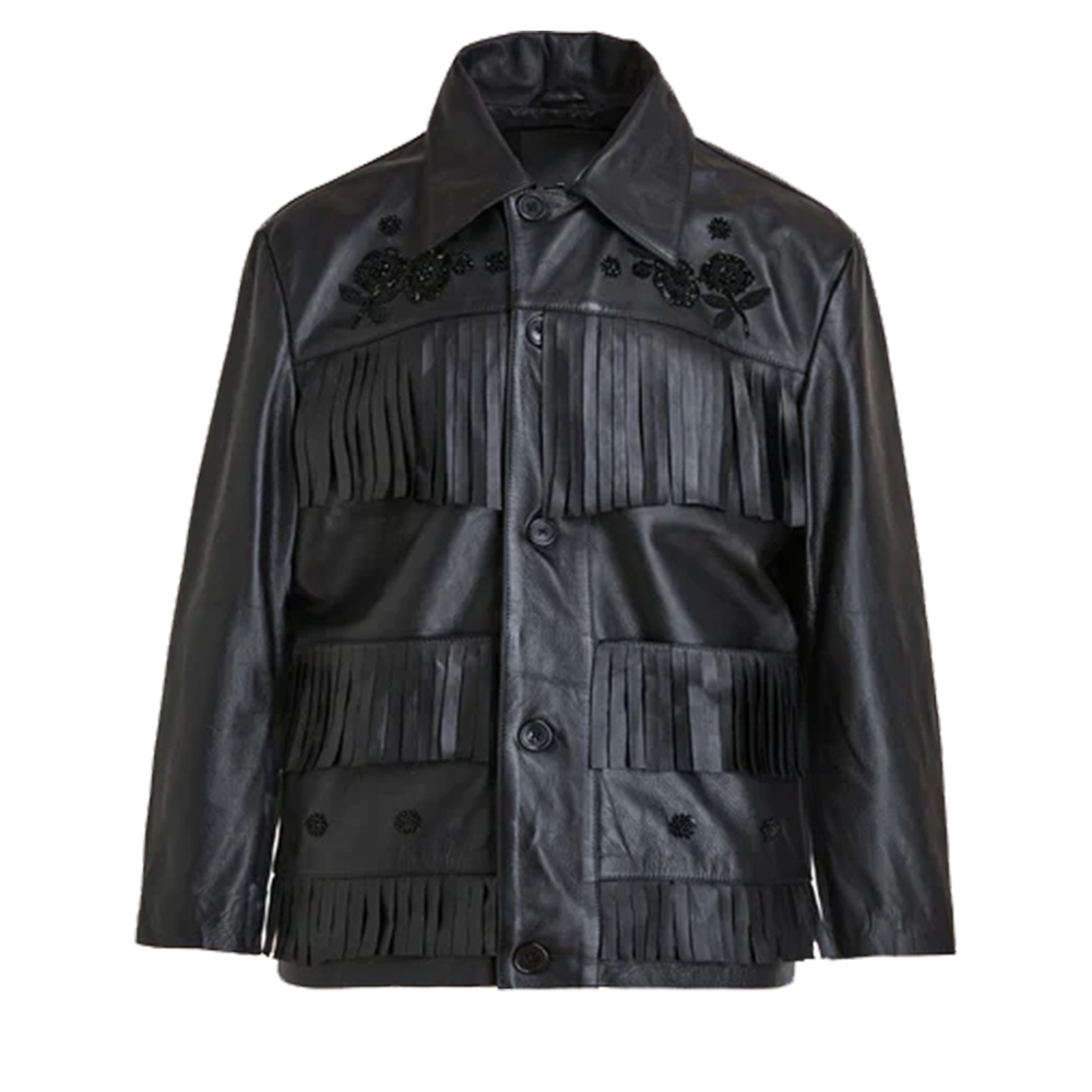 Black Leather Embroidered Floral Embellished Shacket