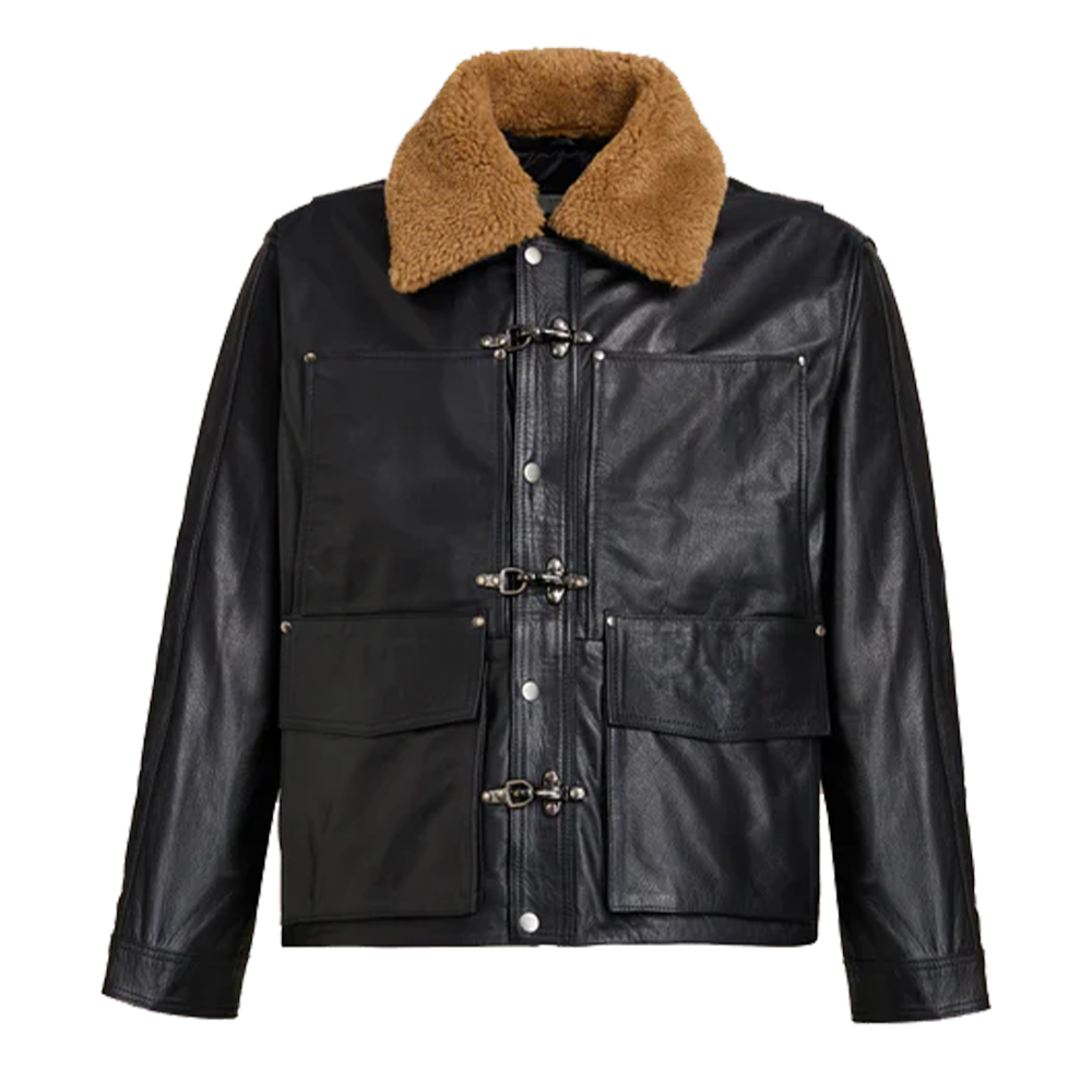 Black Leather Clasp Front Jacket With Shearling Collar