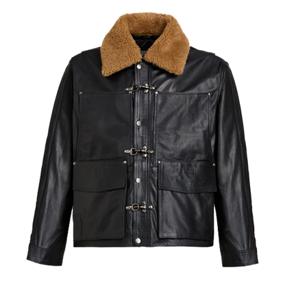 Black Leather Clasp Front Jacket With Shearling Collar