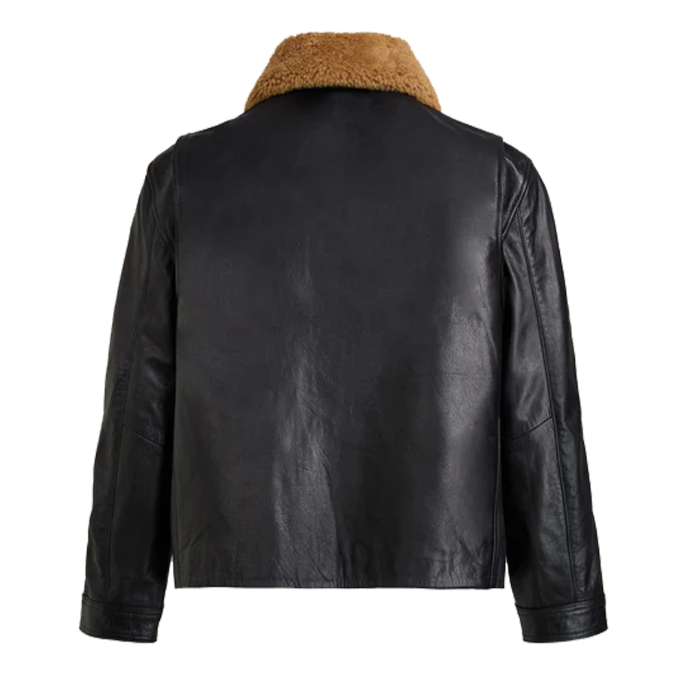 Black Leather Clasp Front Jacket With Shearling Collar