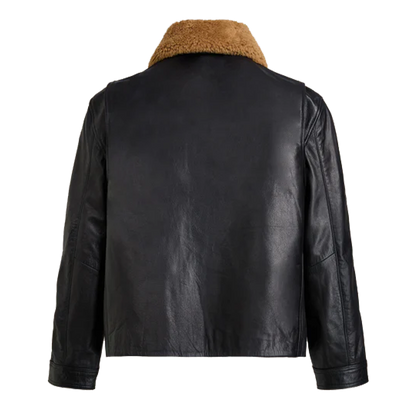 Black Leather Clasp Front Jacket With Shearling Collar