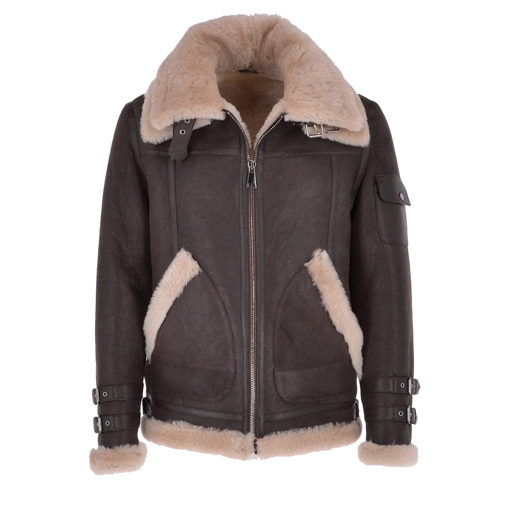 Frontier Dark Brown Double Buckle Shearling Jacket