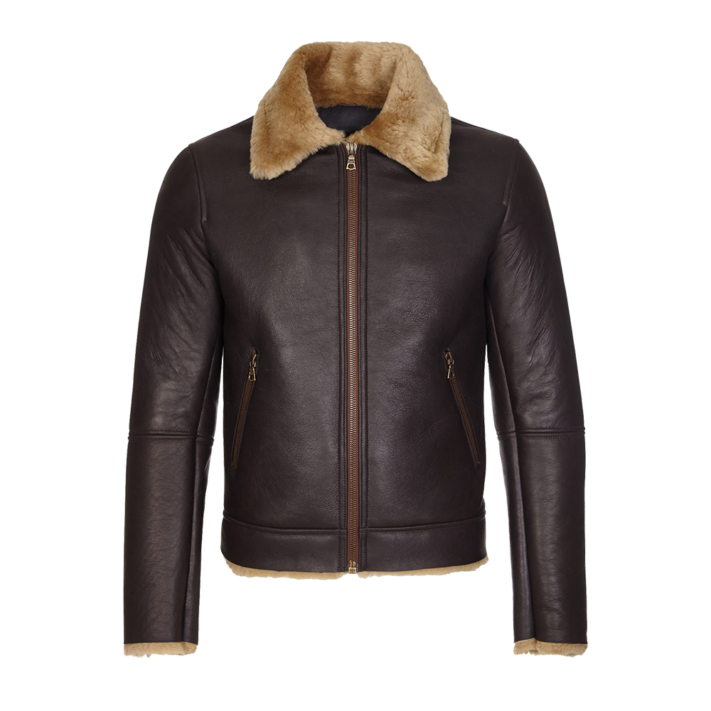 Dark Chocolate Leather Jacket With Tan Collar Shearling