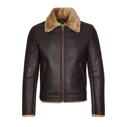 Dark Chocolate Leather Jacket With Tan Collar Shearling