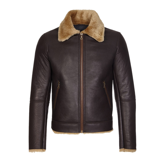 Dark Chocolate Leather Jacket With Tan Collar Shearling