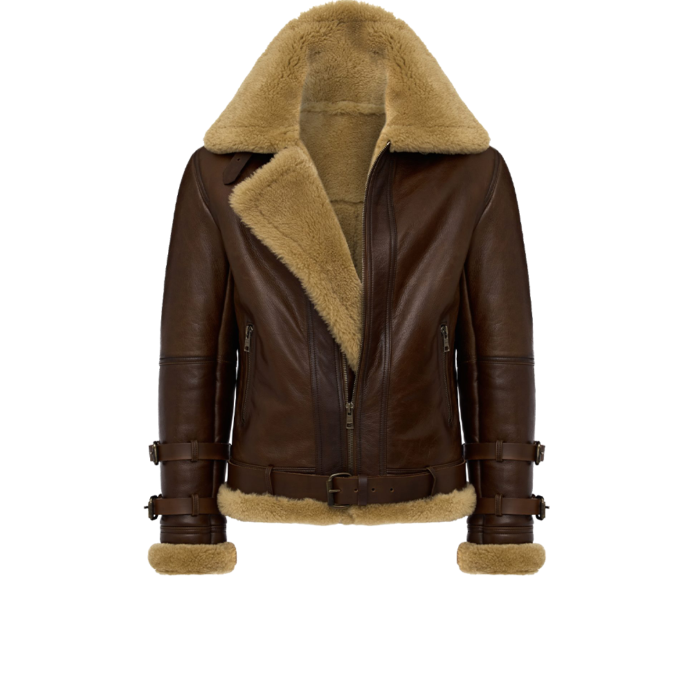 Buckled Waist Exposed Trim Chestnut Statement Shearling Jacket