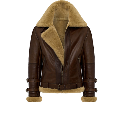 Buckled Waist Exposed Trim Chestnut Statement Shearling Jacket