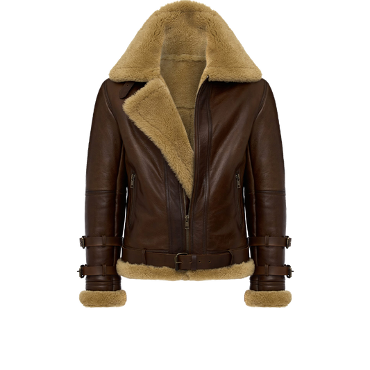 Buckled Waist Exposed Trim Chestnut Statement Shearling Jacket