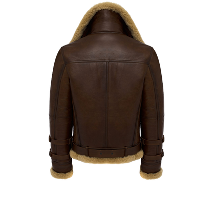 Buckled Waist Exposed Trim Chestnut Statement Shearling Jacket