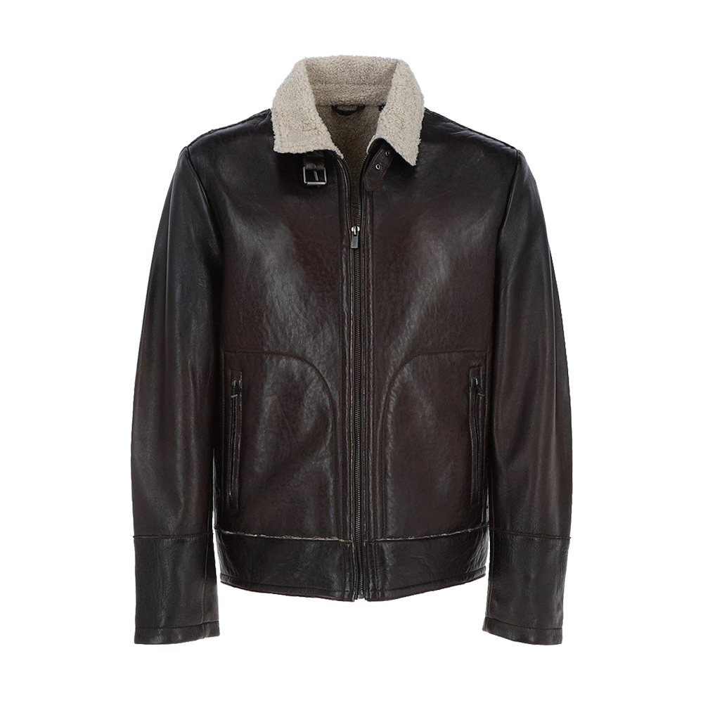Casual Dark Leather Jacket With Cream Fur Collar